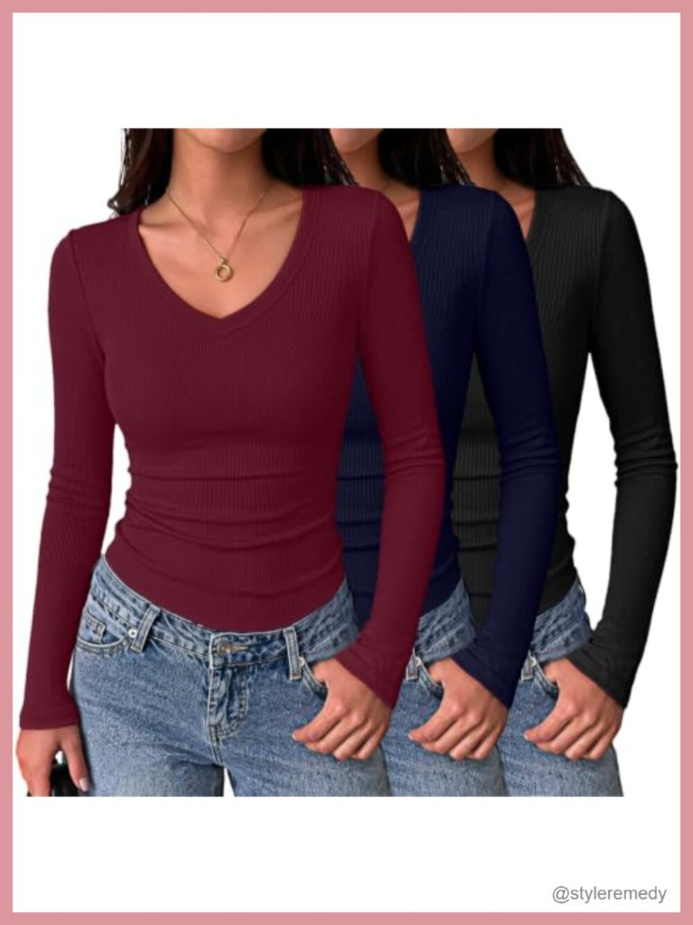 Viscose Spandex V Neck Long Sleeve Ribbed Slim Fit Basic Tee